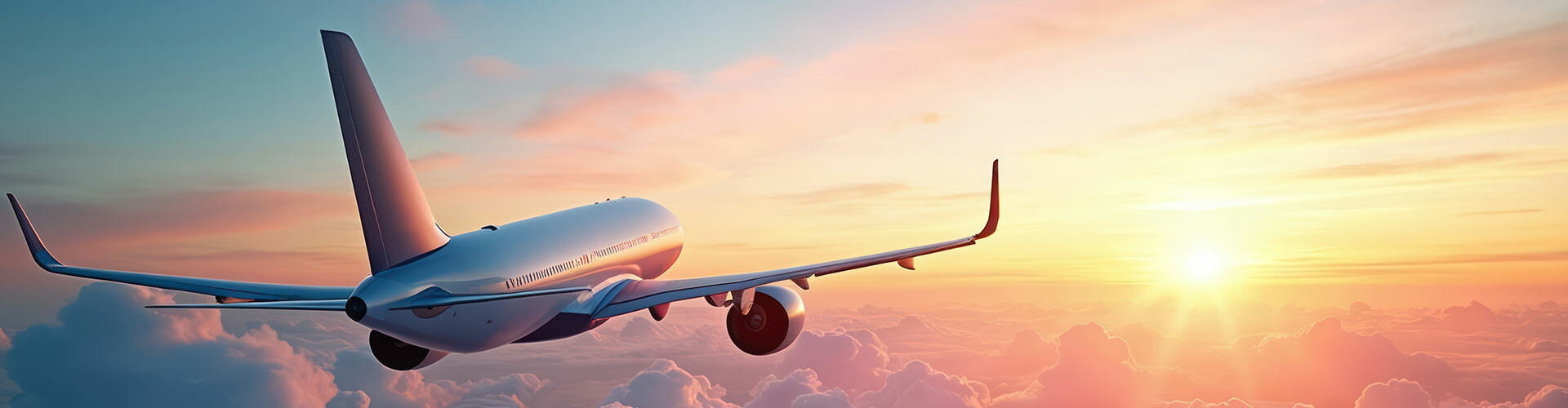 Flugzeug fliegt bei Sonnenuntergang