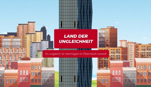 Illustrierte Skyline einer fiktiven Stadt, in der Mitte der Wiener DC Tower