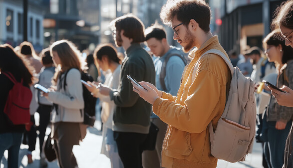 Viele junge Menschen spazieren durch die Stadt und blicken dabei gebannt auf ihr Smartphone