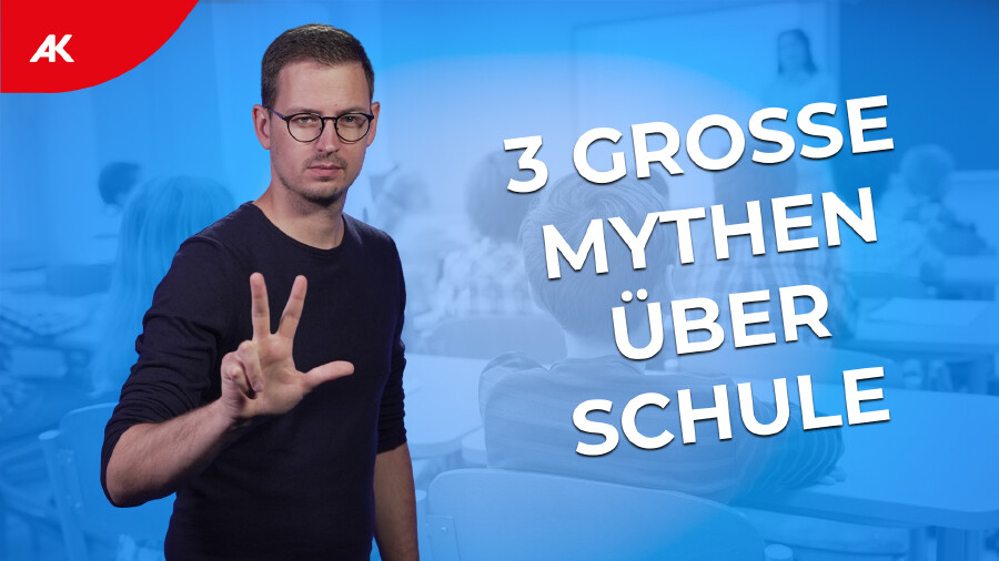 Markus Hasenberger streckt drei Finger aus, daneben der Schriftzug "3 große Mythen über Schule"