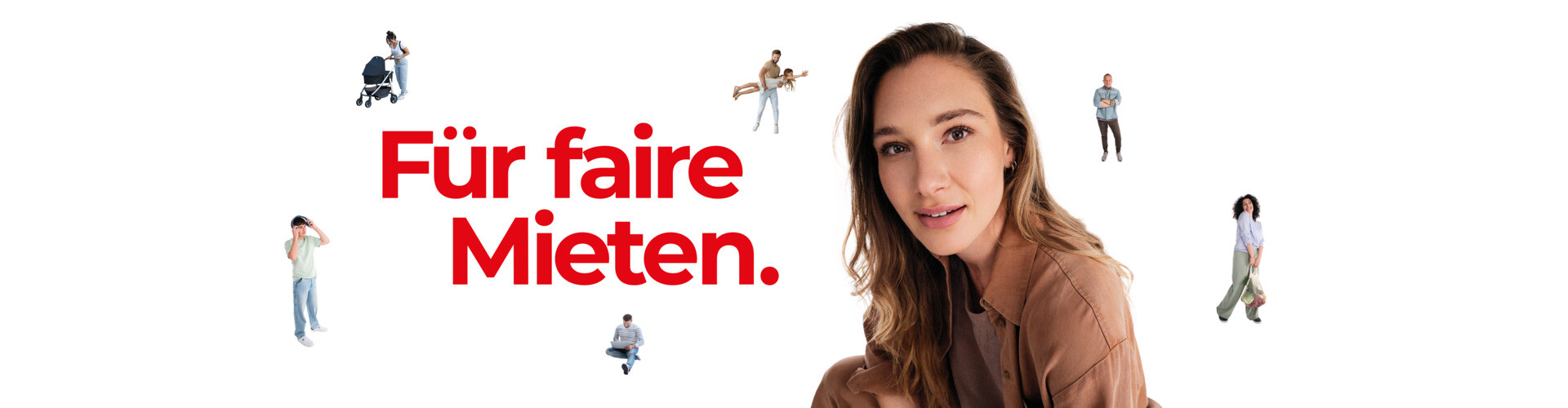 Frau lächelt vor weißem Hintergrund in die Kamera. Neben ihr der rote Schriftzug: Für faire Mieten
