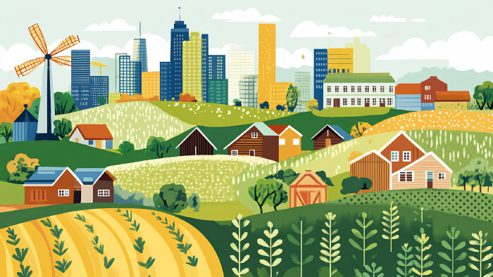 © ari, stock.adobe.com Ländliche Landschaft mit Skyline der Stadt im Hintergrund